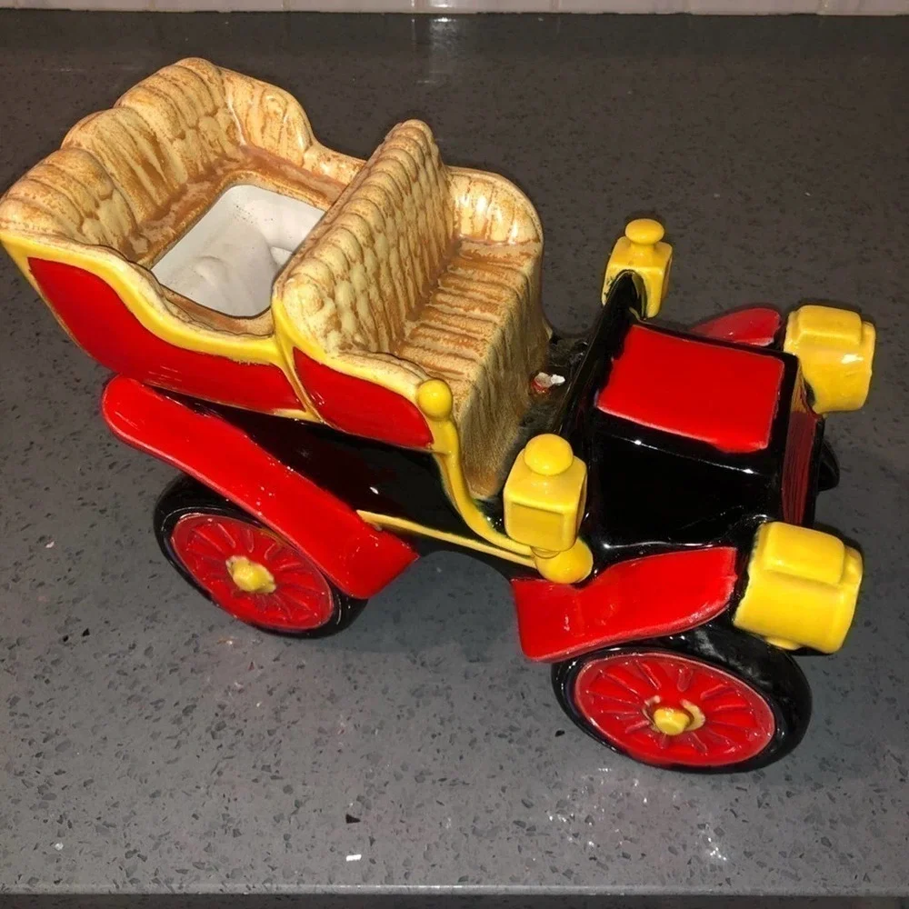 Vintage Ceramic Car Planter Antique Auto Red Yellow Retro Kitsch Succulent Pot